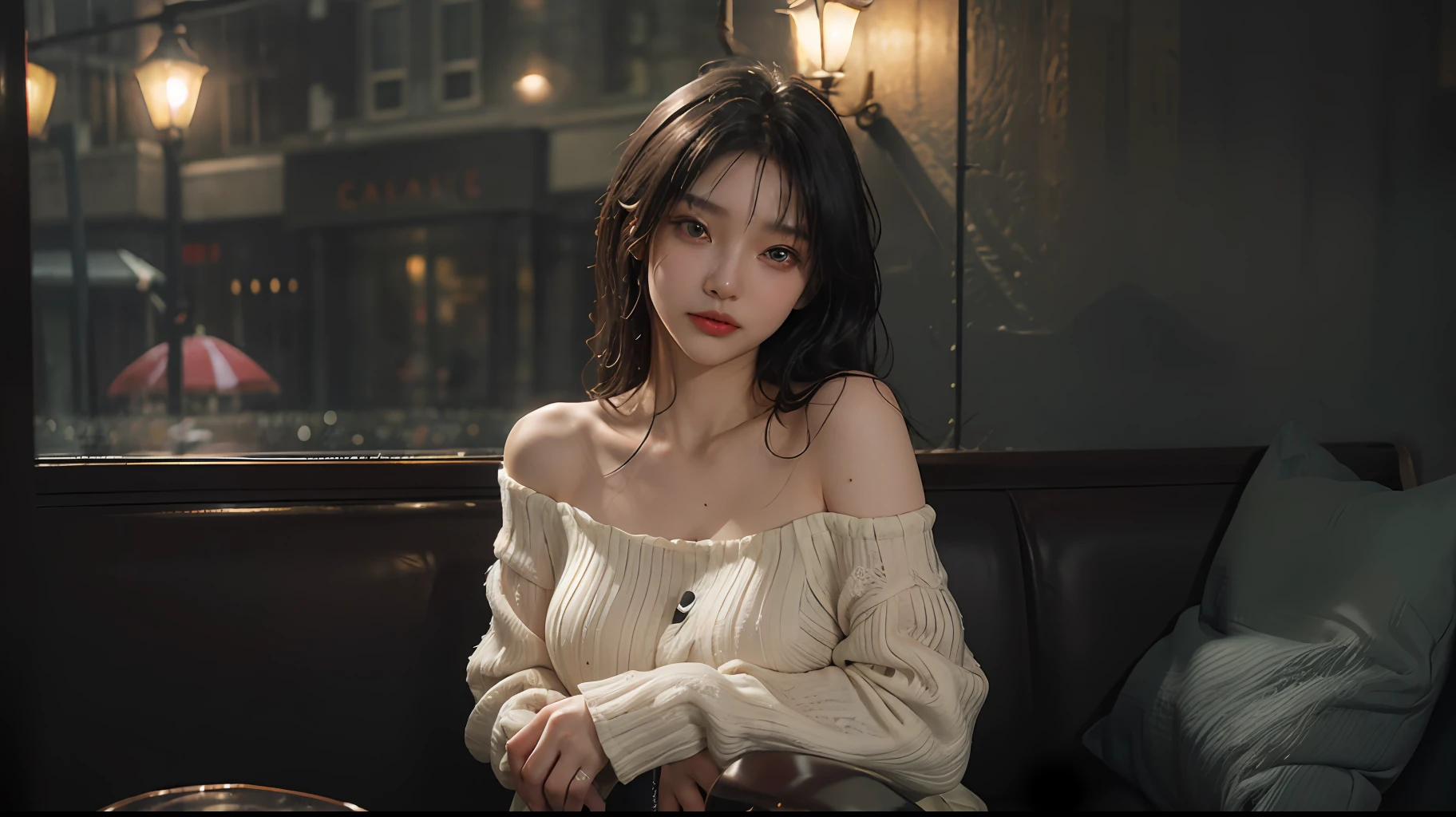 BEST QUALITY、A Masterpiece、Ultra High Res、(photorealistic:1.4)、RAW photography、Girl 1 Mature Mature Mature Woman、Black long-sleeved dress、Floral dress、In the rainy city、Figures outside the window、Rainy evening、Sit in an antique café、Warm lights、It looks cold outside the window