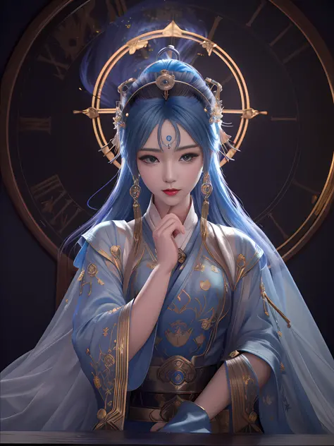 anime girl with blue hair and a crown in front of a clock, a beautiful fantasy empress, ((a beautiful fantasy empress)), trendin...