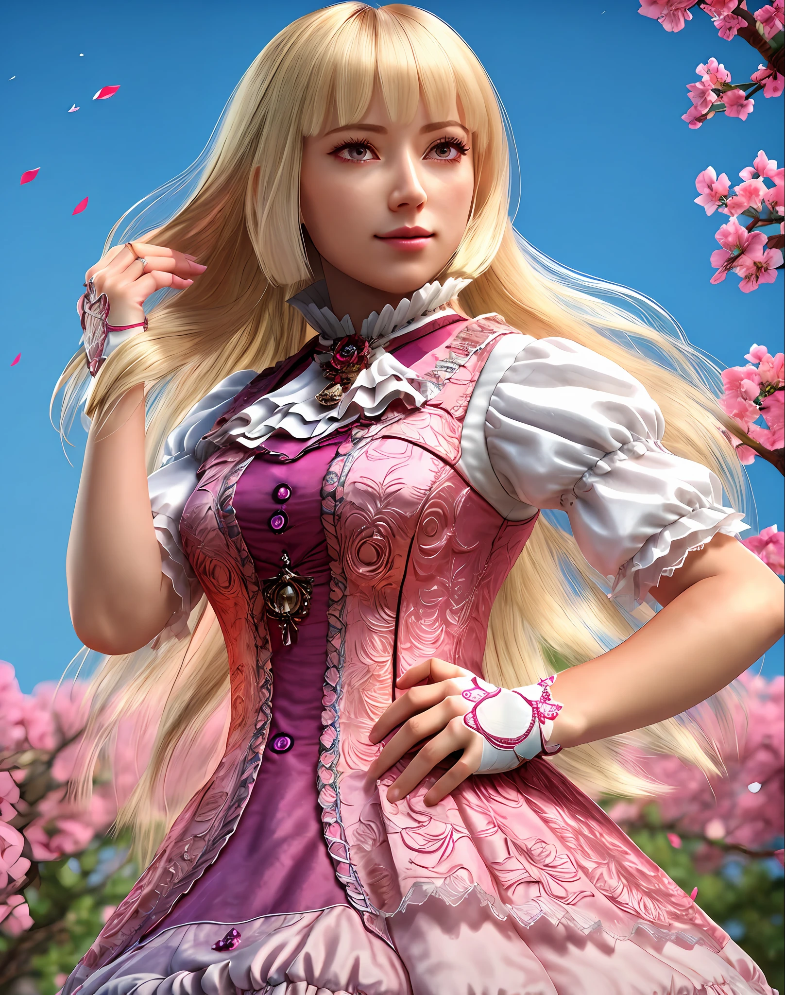 ((extreme detail)),(ultra-detailed), extremely detailed CG unity 8k wallpaper,best quality, masterpiece, emilie_t8, pink frilled dress, frilled ascot, fingerless gloves, hand on hip, looking at viewer, upper body, sky, flowers,3d model