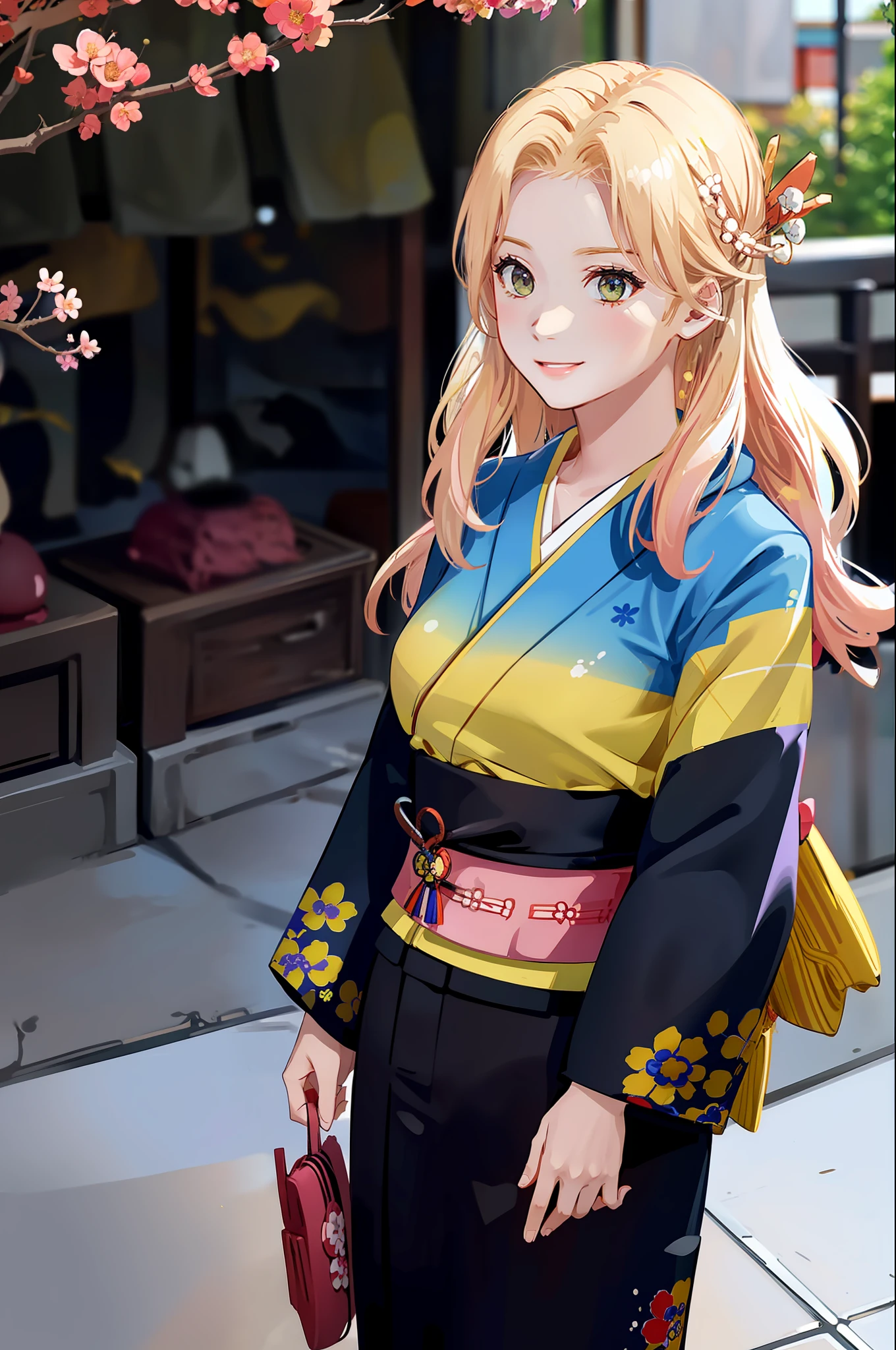 (yellow/blue/green/white/black/red/pink kimono:1.2),(japanese clothes:1.2),(floral print),(long sleeves),miyamizu_mitsuha,1 girl,solo,(upper body),(smile),black hair,looking at viewer,outdoors,(light rays:1.2),(sun:1.2),(blue sky:1.1), park,flowers,lawn,trees,