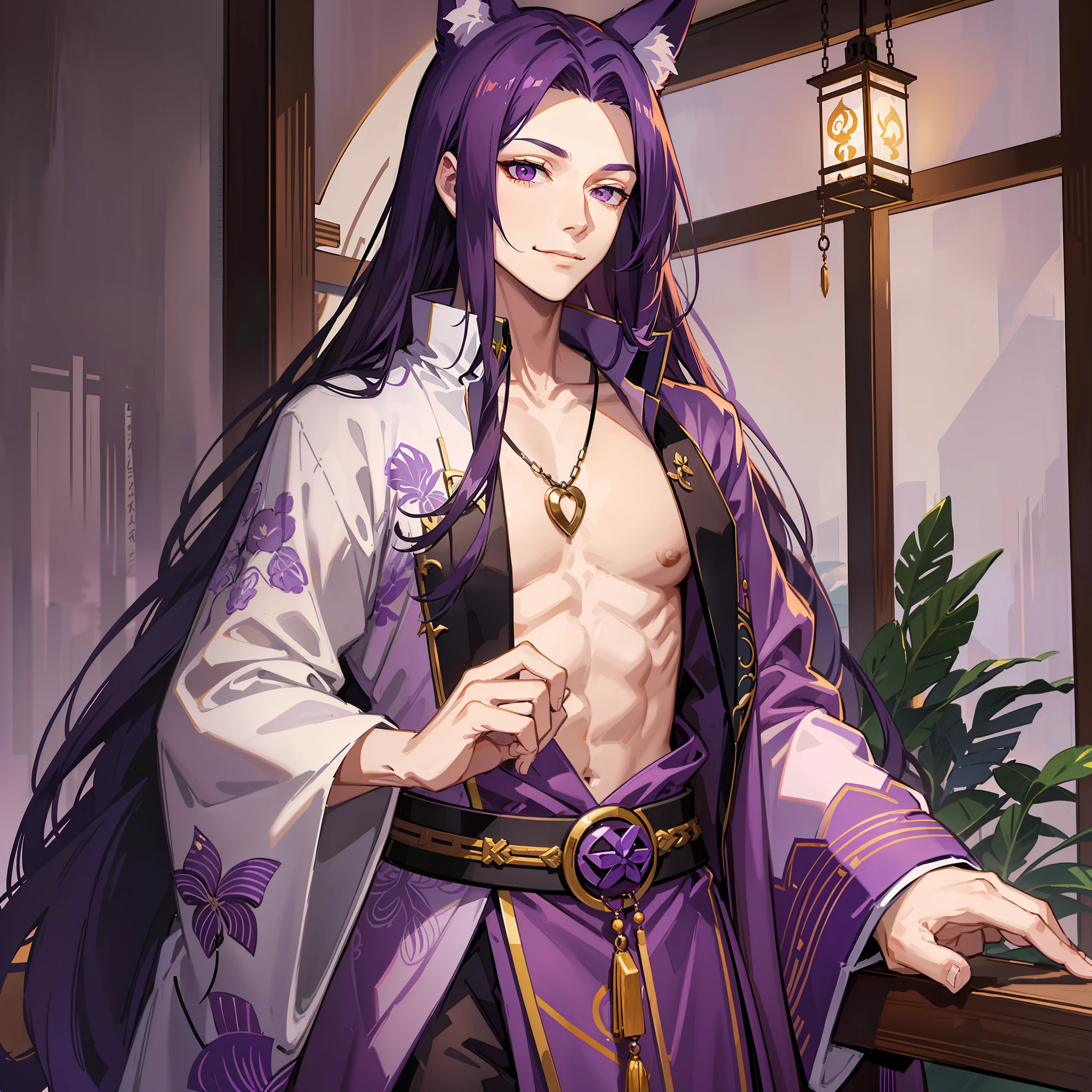 Tall guy, long dark purple hair, fox ears, purple eyes, open kimono -  SeaArt AI