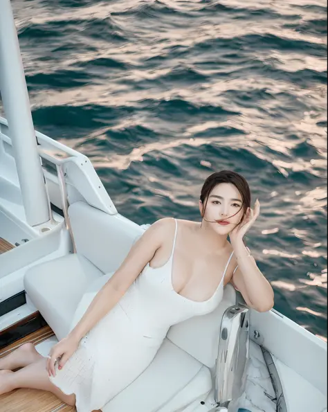 araffe woman in white dress sitting on a boat with her legs crossed, on a boat, song hye - kyo, on the ocean, on the sea, on a boat on a lake, on the ocean water, relaxing on a yacht at sea, bae suzy, real photoshoot queen of oceans, sitting on a wooden do...