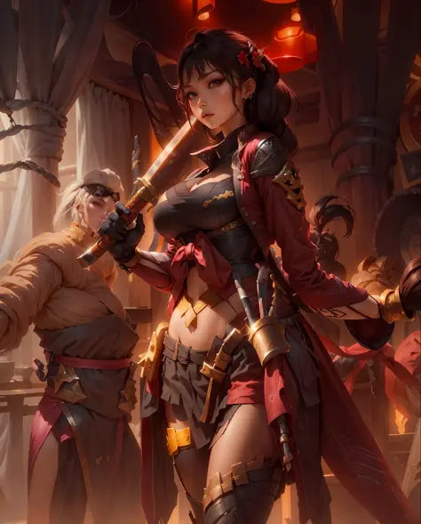 a close up of a woman holding a katana in a room, (huge breast: 1.6), league of legends character art, portrait