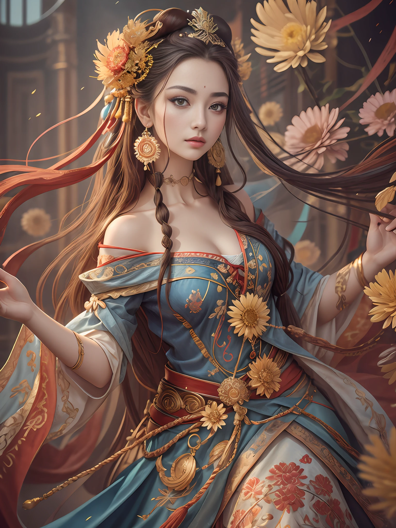 Best Quality, Masterpiece, Ultra-Detailed High Resolution, (Realistic: 1.4), Original Photo, , Illustration, 1 Girl, Handheld Weapon, (Solo Exhibition: 1.2), (Denim Lens: 1.2), (Hair Crown: 1.2), Chinese Dunhuang Traditional Costume, No Straps, (Red Eyeliner: 1.2), (Black Eyes: 1.4), Earrings, Dynamic Angle, Opera House, messy_long_hair, Ink, Movie Lights, lens_flare, Velvet, Chrysanthemum, Tassels, Ribbon, colorful embroidery, upper body, facing the camera, dynamic pose, large chest, embroidered cloth shoes