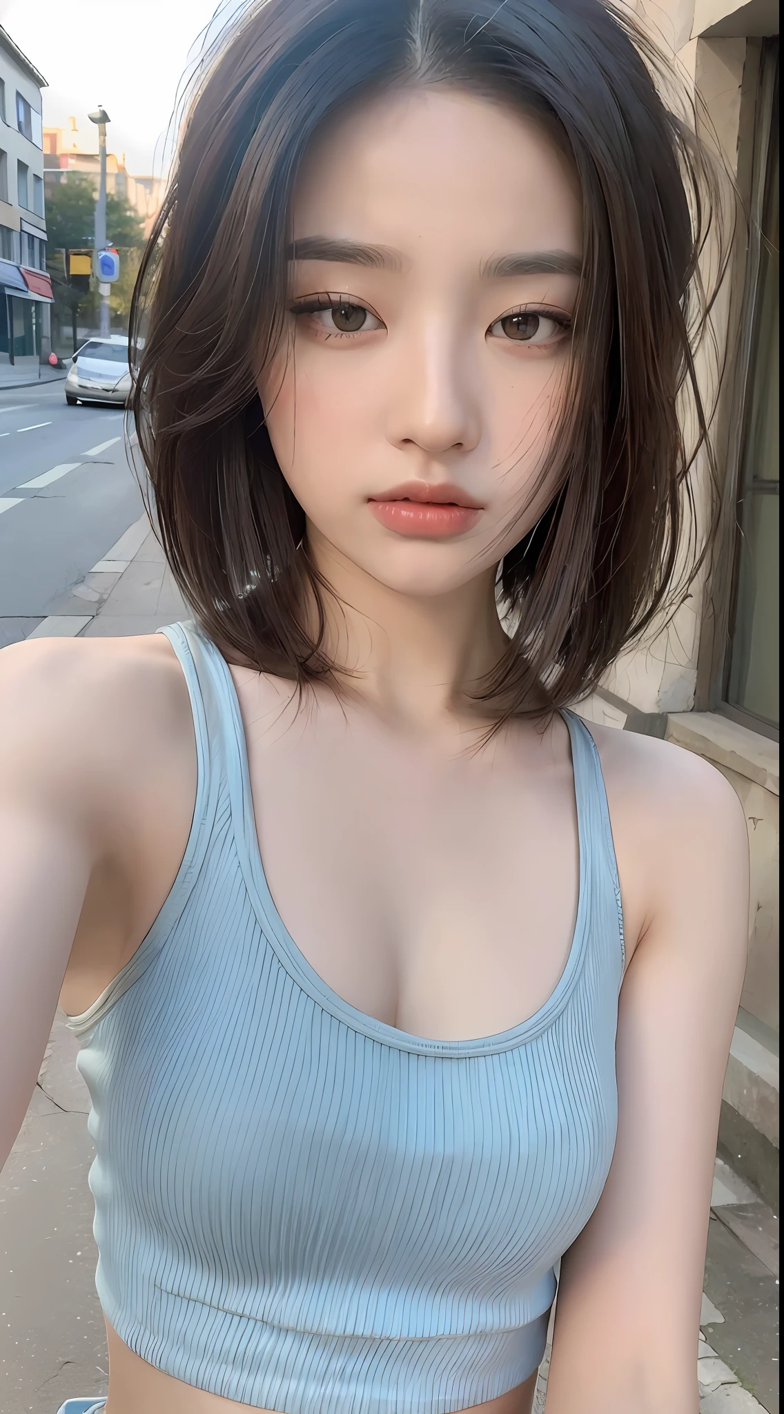 ((Best quality, 8k, Masterpiece :1.3)), Sharp focus: 1.2, Perfect Body Beauty: 1.4, Slim Abs: 1.2, ((Layered hairstyle: 1.2)), (Tank top shirt:1.1), (Street: 1.2), Highly detailed face and skin texture, Fine eyes, Double eyelids