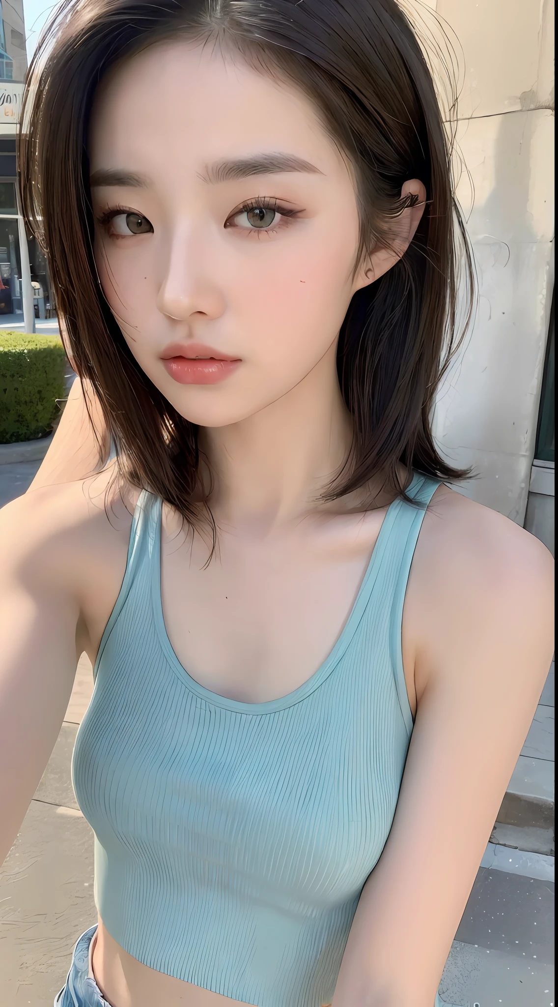 ((Best quality, 8k, Masterpiece :1.3)), Sharp focus: 1.2, Perfect Body Beauty: 1.4, Slim Abs: 1.2, ((Layered hairstyle: 1.2)), (Tank top shirt:1.1), (Street: 1.2), Highly detailed face and skin texture, Fine eyes, Double eyelids