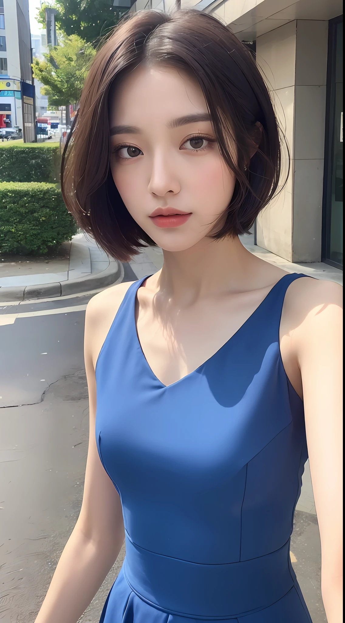 ((Best Quality, 8K, Masterpiece: 1.3)), 1girl, Slim Abs Beauty: 1.3, (Short hairstyle, ), Long dress: 1.1, Super fine face, Detailed eyes, Double eyelids, Street view,