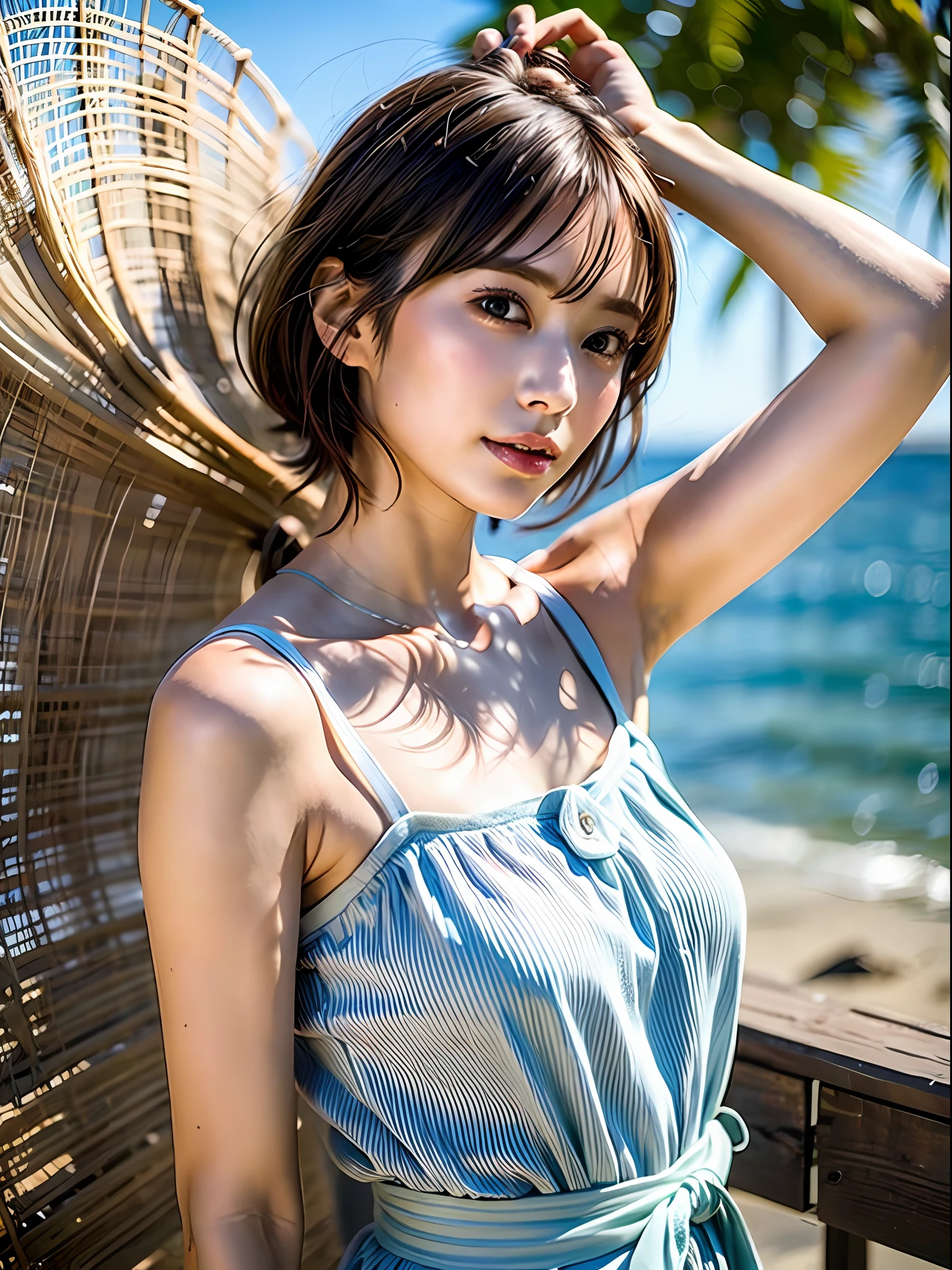(8k, highest quality, masterpiece: 1.2), (hair_style), (realistic, photorealistic: 1.37), highest quality, masterpiece, shot on a wooden deck with a view of the sky and the sea in the summer sun [small breasts], backlit, shooting from the waist up, shooting at an angle from the bottom, posing with hands raking up hair, shooting with natural light from morning to noon, Hairstyles and fashion styles that match the Japan trends of 2023, realistic, super detailed, 30s, actress, half Japanese and Russian half model, elaborate CG, slender, adorable, hairstyle matches the fashion of Japan in 2023 short bob cut fluttering in the wind, delicate skin type, fine details and softness, model hair color is bright and soft, Choose a short-length T-shirt that matches the summer trends of 2023 and pair it with pale pastel colors for surf fashion.