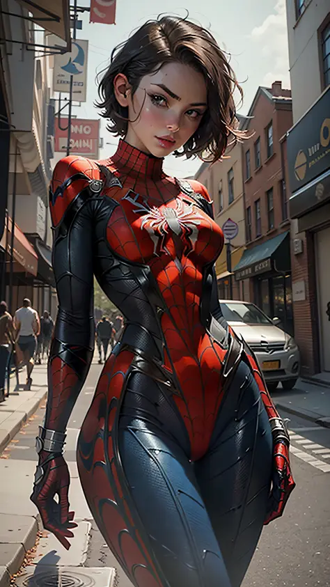 Beautiful woman with detailed defined body using Spider-Man role-play, short hair