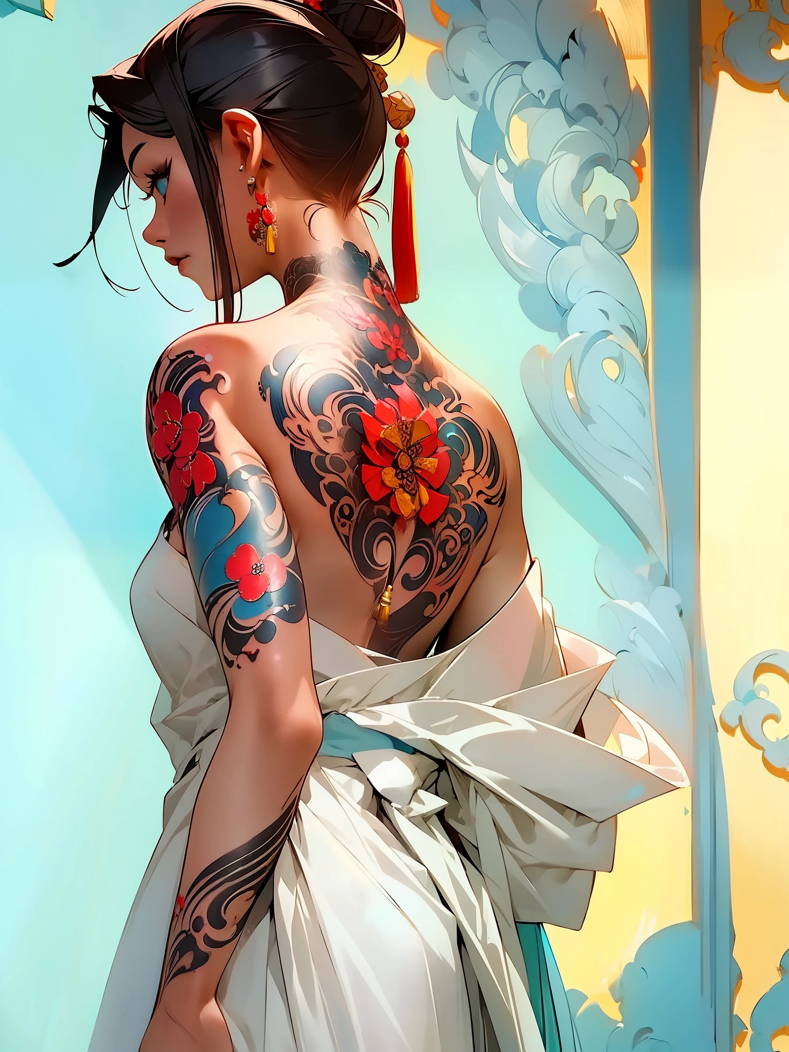 (masterpiece best quality:1.4),1girl, (tattoo of chinese text:1.5), solo, back tattoo, hair flowers, long hair, blue eyes, looking at viewer,back tattoo,tattoo,looking back, from behind, black hair, tassel, bare shoulders, hanfu, chinese clothes,back, bangs, upper body, earrings, indoors, nape, off shoulder, jewelry, eyelashes, lips, back focus, profile, hair bun, sliding doors, piercing, single hair bun,