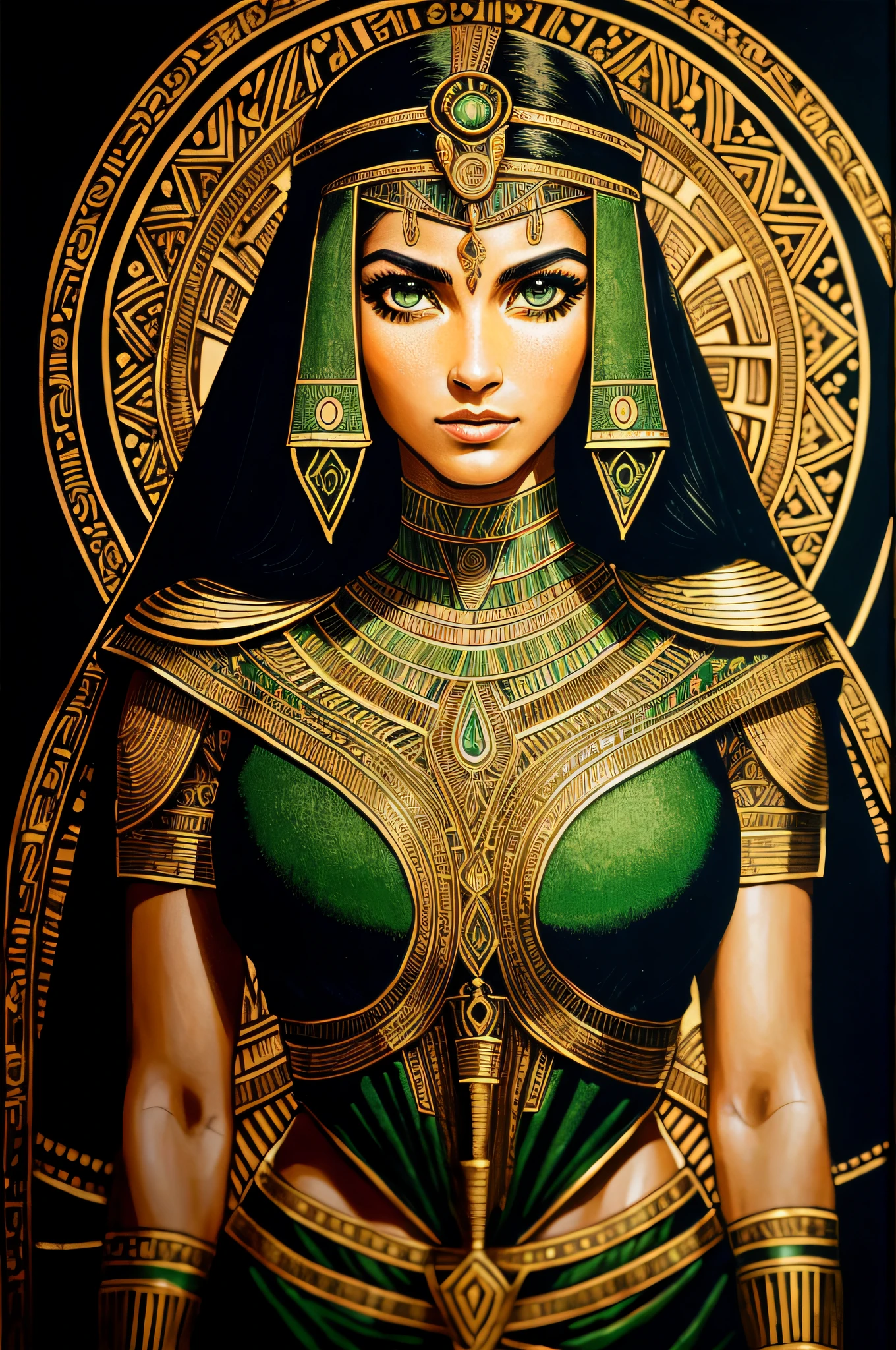 1 adult Egyptian woman, green eyes, black hair flaps, portrait, solo, upper body, looking at viewer, detailed background, detailed face,  OldEgyptAI, ancient egyptian theme,  feral jungle warrior, pink tribal clothing, obsidian, defensive stance, stone knife, bushes, poisonous plants, rocks,  humid climate, darkness, cinematic atmosphere,
dark chamber, dim light (zentangle, mandala, tangle, entangle), (golden and green tone:0.5)
(35mmstyle:1.1), front, masterpiece, 1970s film, , cinematic lighting, photorealistic, high frequency details, 35mm film, (film grain), film noise,