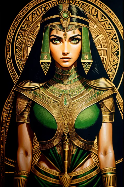 1 adult Egyptian woman, green eyes, black hair flaps, portrait, solo, upper body, looking at viewer, detailed background, detail...