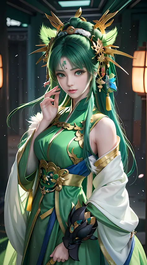 anime girl in green dress with green eyes and green hair, palace ， a girl in hanfu, artwork in the style of guweiz, guweiz, beau...