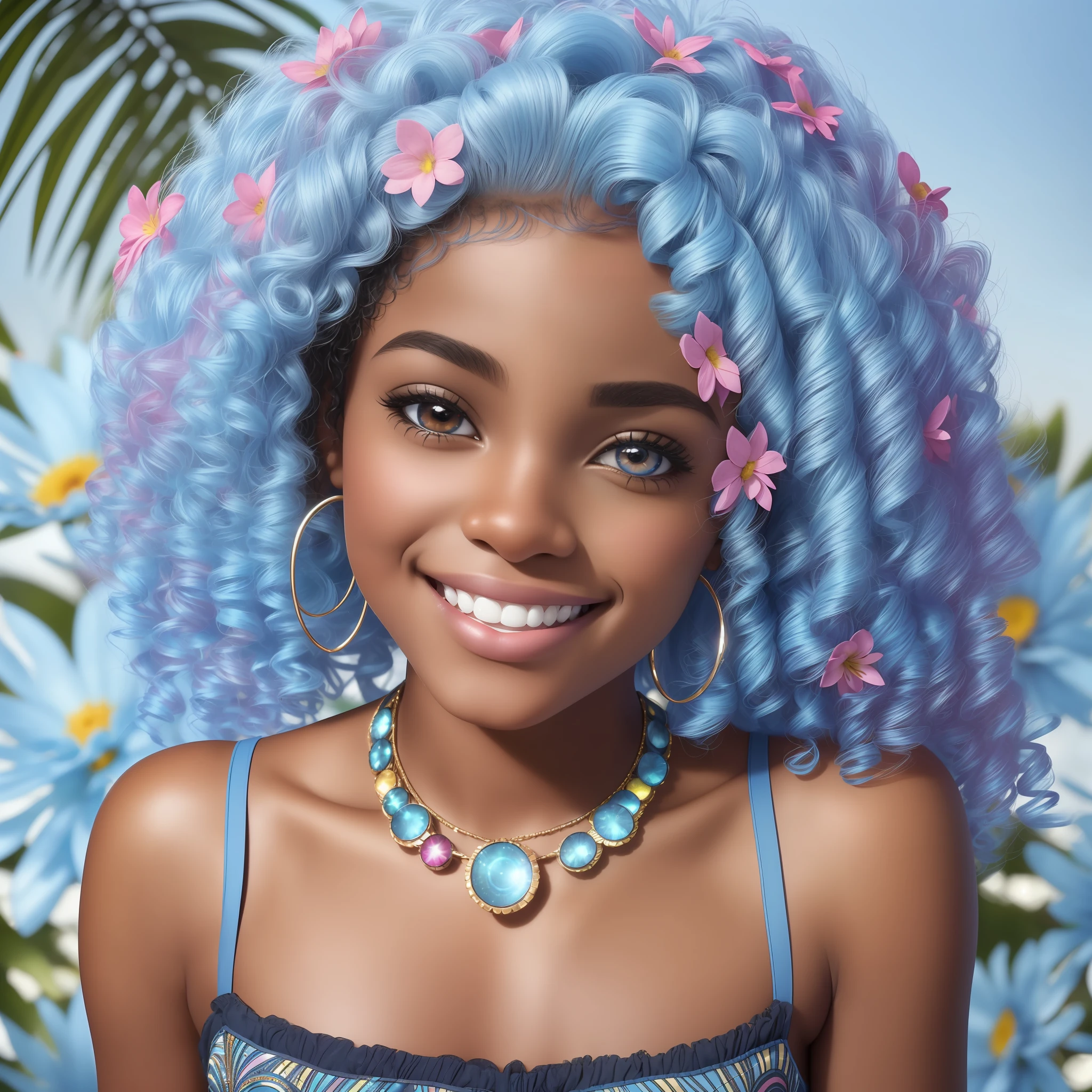 (a sonriente beautiful 18 age years old ebony woman:1.2), foto de identificación, frente a la cámara, sonriente, (Chica guapa latina, africano mixto), (Chica guapa latina, africano mixto), (ojos brillantes de heterocromía:1.2), (pelo azul claro:1.4), fondo de flores --auto --s2