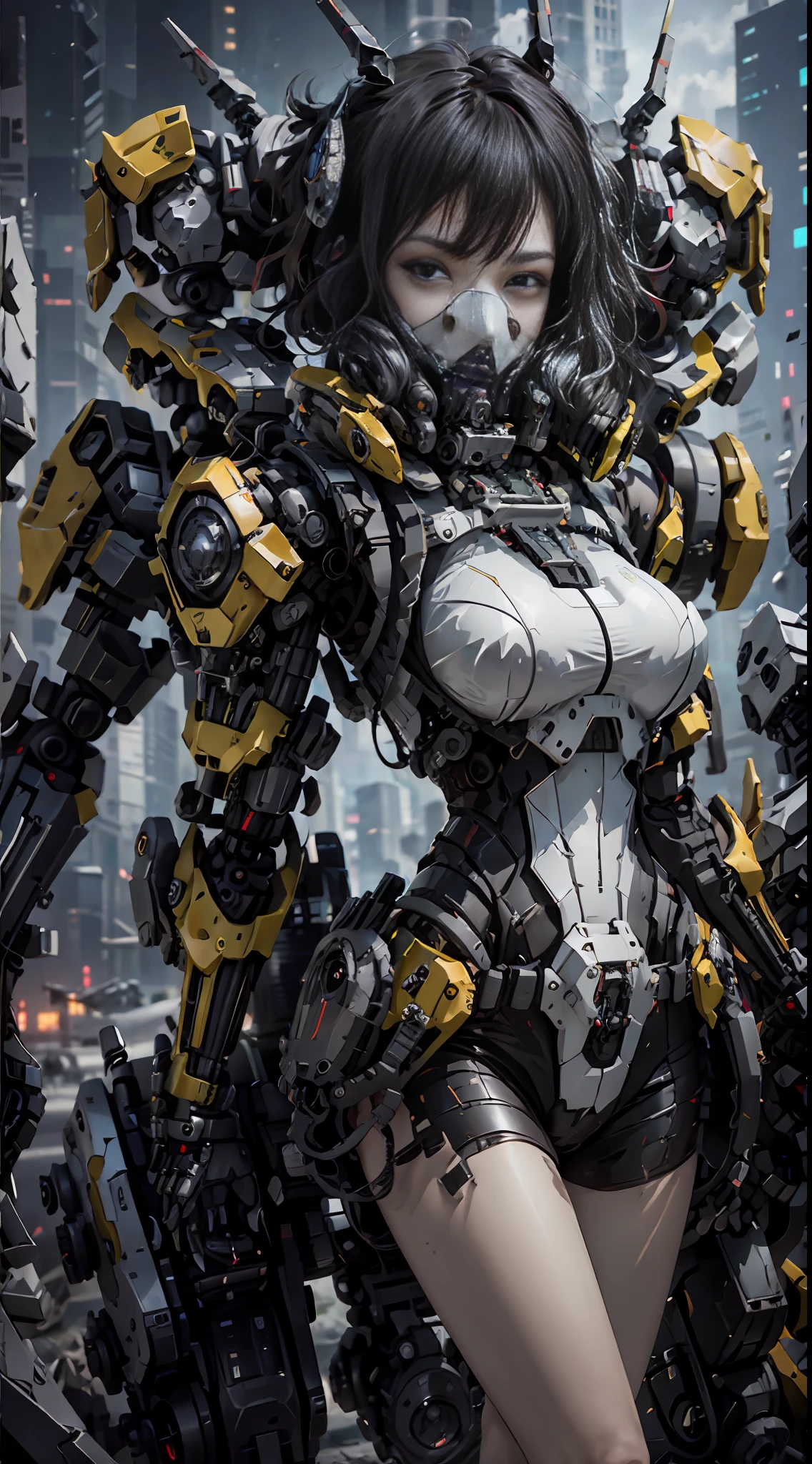 This is a CG Unity 8k wallpaper with ultra-detailed, high-resolution and top quality in cyberpunk style, dominated by black and red. In the picture, a beautiful girl with white messy short hair, a delicate face, wearing a steam mecha mask, standing on the ruins, behind her is a huge robot, and the action of a woman holding a heavy sniper rifle in her hand,