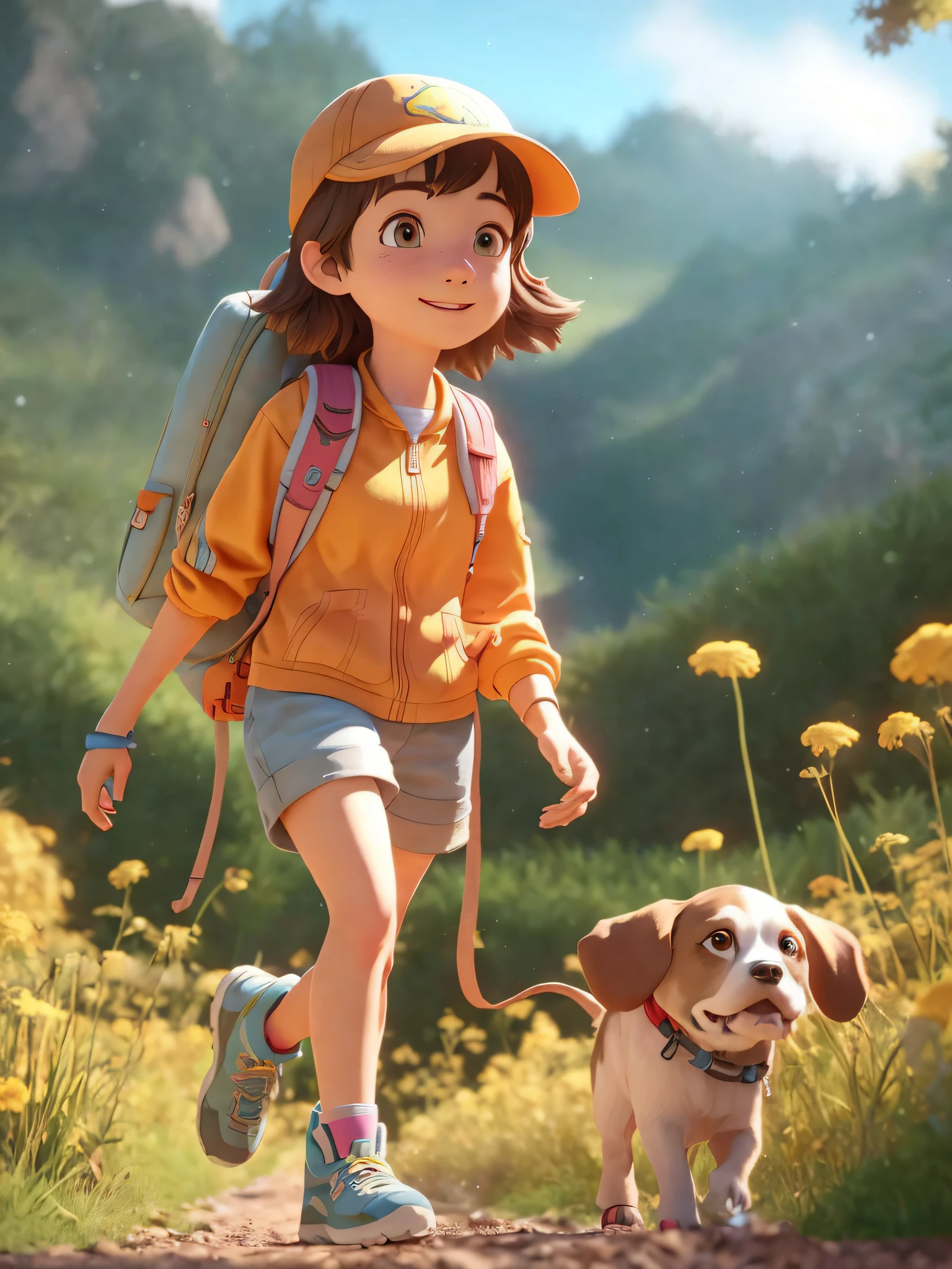 cartoon girl walking with a dog on a trail in a field, small character. unreal engine 5, animation style render, atey ghailan 8 k, childrens art in artstation, adventure hyper realistic render, adorable digital painting, cute 3 d render, female explorer mini cute girl, cute detailed digital art, inspired by Atey Ghailan