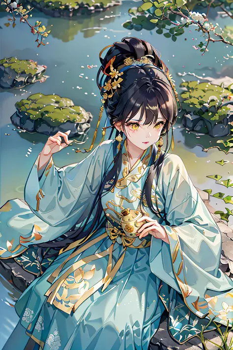 of the best quality，complicated detail，Highres，（Beautiful details water：1.4），（Hanfu，tang style），Yellow eyes，（Girl in a glass jar：1.1），the Dragon Boat Festival，At the table，Happy holiday