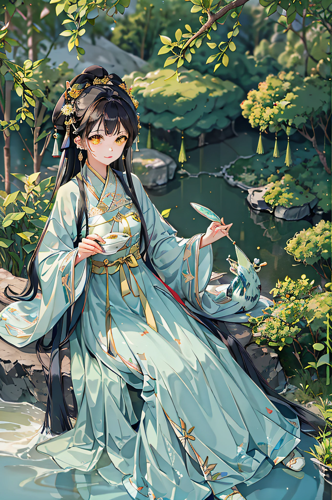 of the best quality，complicated detail，Highres，（Beautiful details water：1.4），（Hanfu，tang style），Yellow eyes，（Girl in a glass jar：1.1），the Dragon Boat Festival，At the table，Happy holiday