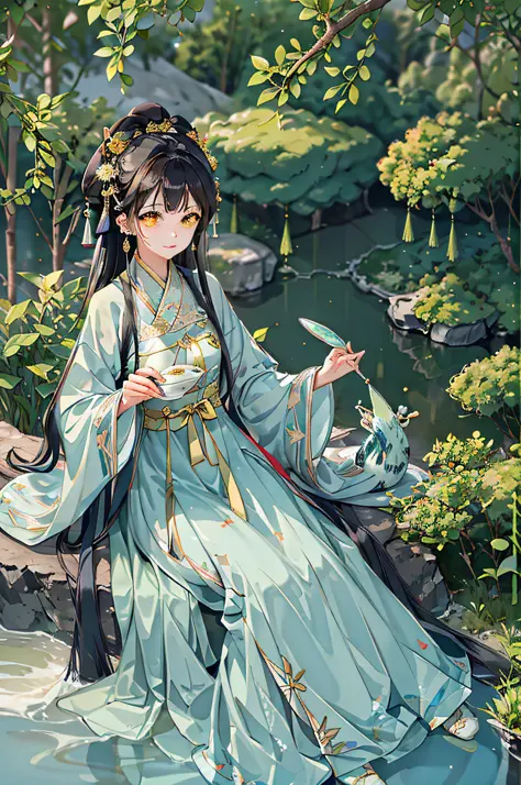 of the best quality，complicated detail，Highres，（Beautiful details water：1.4），（Hanfu，tang style），Yellow eyes，（Girl in a glass jar...