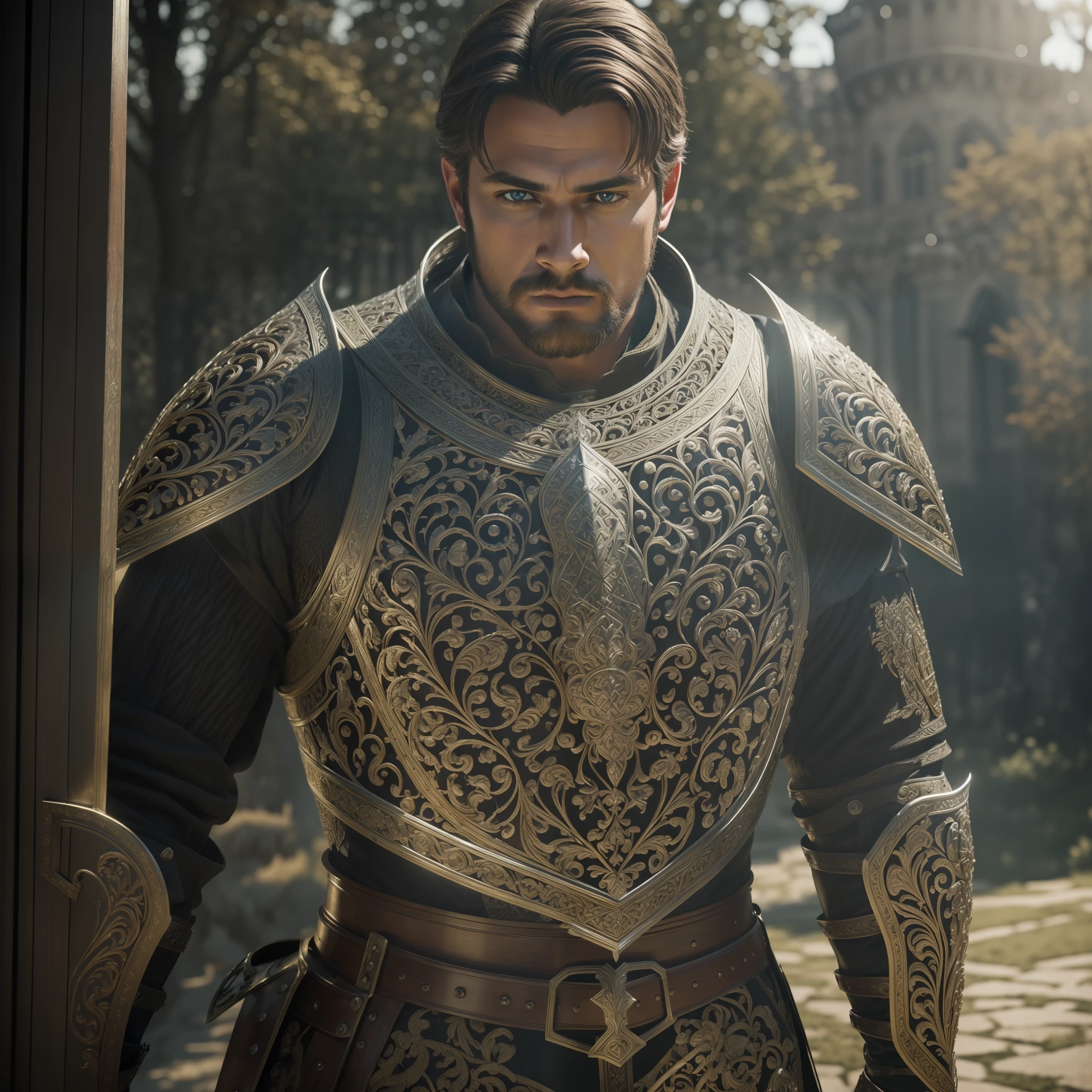 (masterpiece), (extremely intricate:1.3), (realistic), portrait of a man, the most beautiful in the world, (medieval armor), metal reflections, upper body, outdoors, intense sunlight, far away castle, professional photograph of detailed, sharp focus, dramatic, award winning, cinematic lighting, octane render, unreal engine, volumetrics dtx..