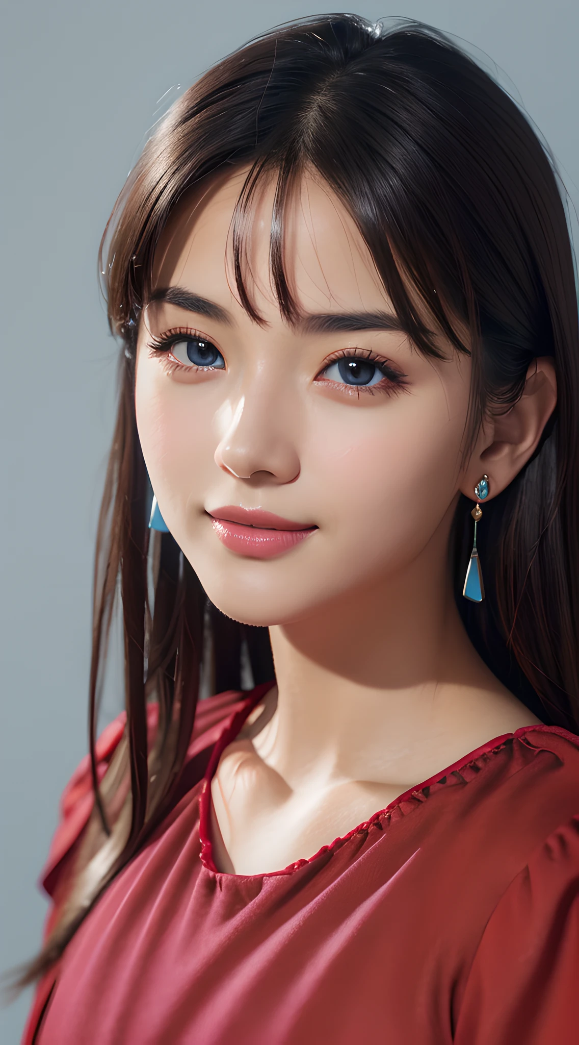 (close up:1.3), masterpiece, best quality, 8k, absurdres, beautiful girl, pretty face, looking at viewer, smile, (dark red dress:1.6), ruby earrings, ruby necklace, teen, cute, (smokey red eye shadow with glitter, glazed pinkish red lips:0.8), ultra realistic, highres, photography, film grain, chromatic aberration, sharp focus, HDR, facelight, dynamic lighting, cinematic lighting, professional shadow, simple background, (dull blue background:1.4), highest detailed, extreme detailed, ultra detailed, finely detail, real skin, delicate facial features, detailed face and eyes, sharp pupils, realistic pupils