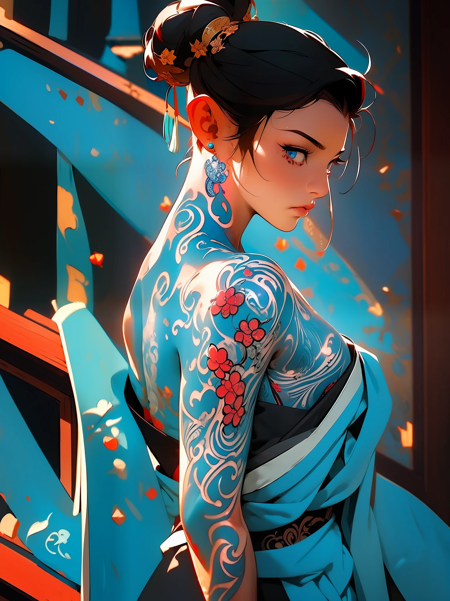 (masterpiece best quality:1.4),1girl, (tattoo of chinese text:1.5), solo, back tattoo, hair flowers, long hair, blue eyes, looking at viewer,tattoo,looking back, from behind, black hair, tassel, bare shoulders, hanfu, chinese clothes,back, bangs, upper body, earrings, indoors, nape, off shoulder, jewelry, eyelashes, lips, back focus, profile, hair bun, sliding doors, piercing, single hair bun,