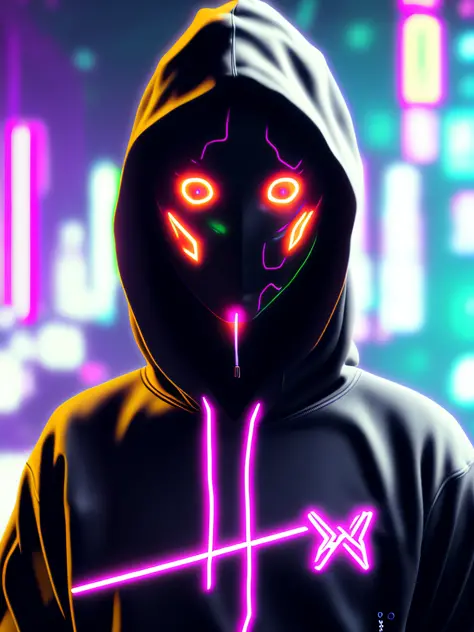 Faceless hacker, close-up on a front person in a neon black hoodie, with neon eyes.