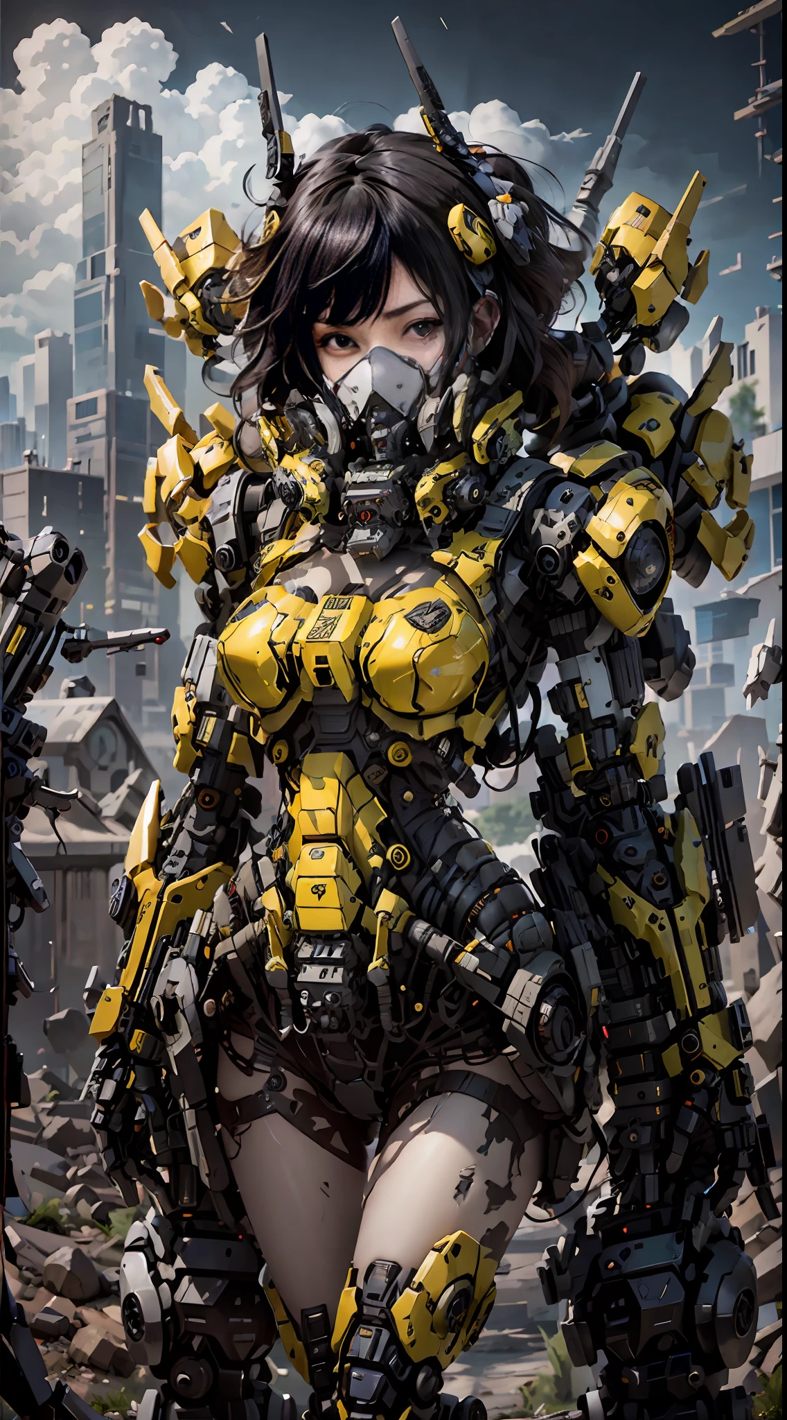 This is a CG Unity 8k wallpaper with ultra-detailed, high-resolution and top quality in cyberpunk style, dominated by black and red. In the picture, a beautiful girl with yellow messy short hair, a delicate face, wearing a steam mecha mask, standing on the ruins, behind her is a huge robot, and the action of a woman holding a heavy sniper rifle in her hand,