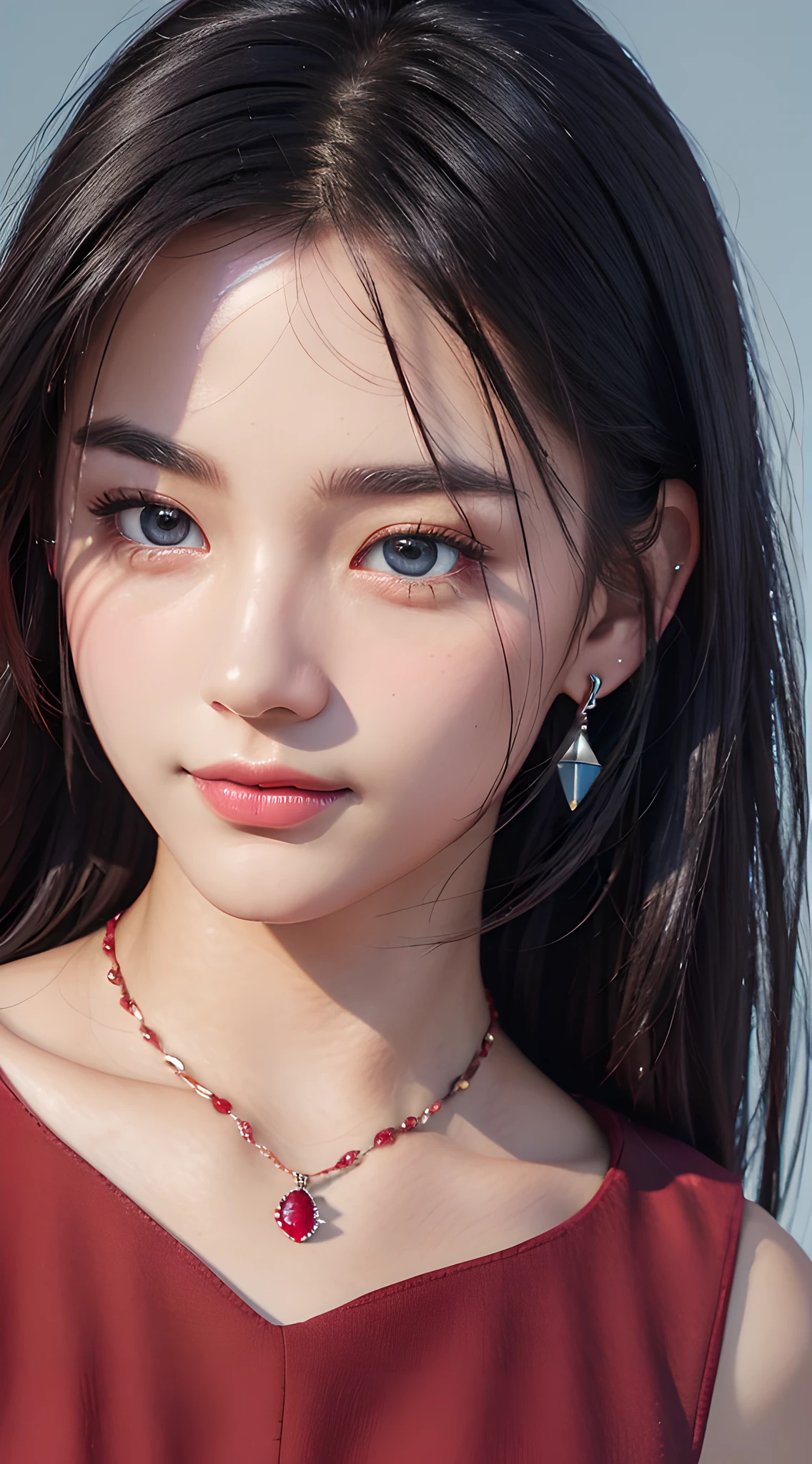 (close up:1.6), masterpiece, best quality, 8k, absurdres, beautiful girl, pretty face, looking at viewer, smile, (dark red dress:1.7), ruby earrings, ruby necklace, teen, cute, (smokey red eye shadow with glitter, glazed pinkish red lips:0.8), ultra realistic, highres, photography, film grain, chromatic aberration, sharp focus, HDR, facelight, dynamic lighting, cinematic lighting, professional shadow, simple background, (dull blue background:1.3), highest detailed, extreme detailed, ultra detailed, finely detail, real skin, delicate facial features, detailed face and eyes, sharp pupils, realistic pupils
