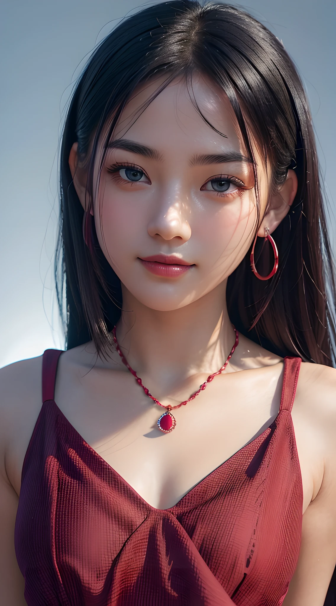 (close up:1.6), masterpiece, best quality, 8k, absurdres, beautiful girl, pretty face, looking at viewer, smile, (dark red dress:1.7), ruby earrings, ruby necklace, teen, cute, (smokey red eye shadow with glitter, glazed pinkish red lips:0.8), ultra realistic, highres, photography, film grain, chromatic aberration, sharp focus, HDR, facelight, dynamic lighting, cinematic lighting, professional shadow, simple background, (dull blue background:1.3), highest detailed, extreme detailed, ultra detailed, finely detail, real skin, delicate facial features, detailed face and eyes, sharp pupils, realistic pupils