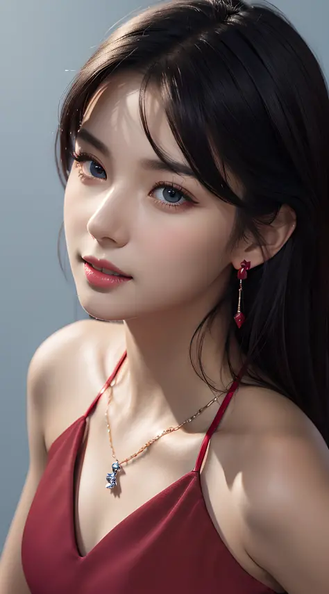 (close up:1.6), masterpiece, best quality, 8k, absurdres, beautiful girl, pretty face, looking at viewer, smile, (dark red dress...