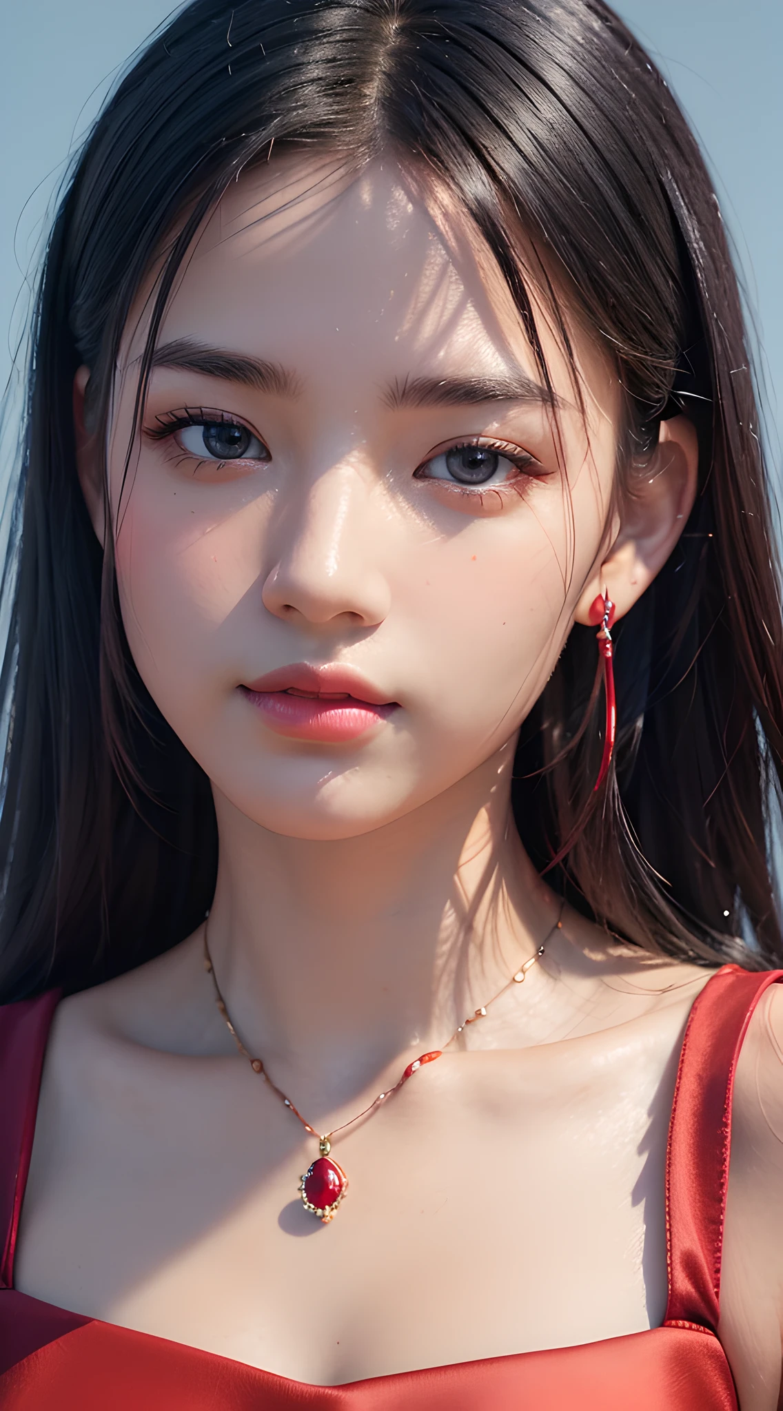 (close up:1.6), masterpiece, best quality, 8k, absurdres, beautiful girl, pretty face, looking at viewer, smile, (dark red dress:1.7), ruby earrings, ruby necklace, teen, cute, (smokey red eye shadow with glitter, glazed pinkish red lips:0.8), ultra realistic, highres, photography, film grain, chromatic aberration, sharp focus, HDR, facelight, dynamic lighting, cinematic lighting, professional shadow, simple background, (dull blue background:1.3), highest detailed, extreme detailed, ultra detailed, finely detail, real skin, delicate facial features, detailed face and eyes, sharp pupils, realistic pupils, (black eyes:1.0)