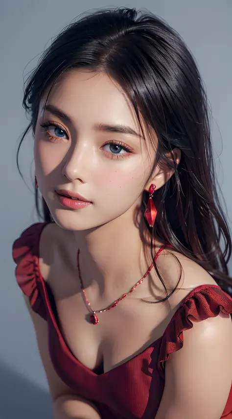 (close up:1.6), masterpiece, best quality, 8k, absurdres, beautiful girl, pretty face, looking at viewer, smile, (dark red dress:1.7), ruby earrings, ruby necklace, teen, cute, (smokey red eye shadow with glitter, glazed pinkish red lips:0.8), ultra realis...
