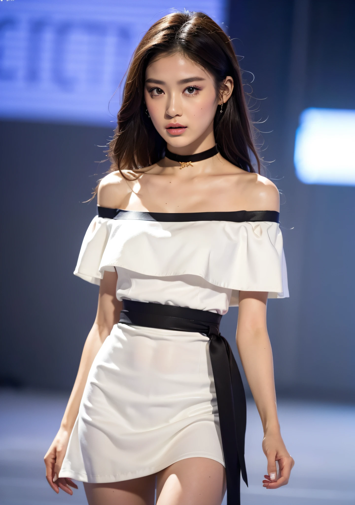 (Best quality, 8k, 32k, Masterpiece, UHD:1.2),Photo of Pretty Japanese woman, 1girl, (medium-short dark brown hair), double eyelid, fashion model, beautiful legs, unique maxi very wet white dress with slit, off-shoulder, gold belt, choker, stand tall, runway, huge stage, Paris Collection, nsfw, full body, see through,,