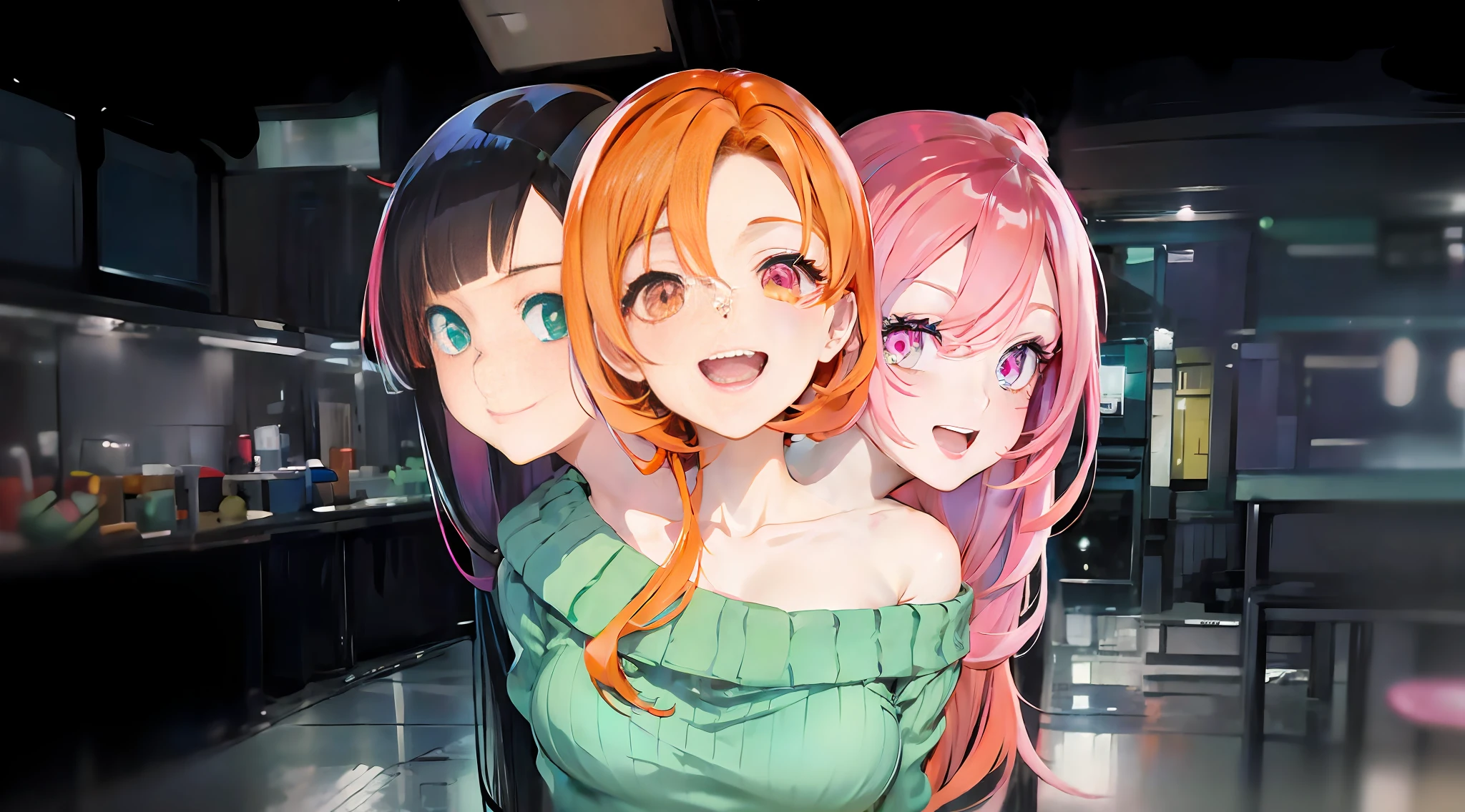 (3heads:1.5), white girl with three heads, diffrent hair colors, black hair,orange hair, pink hair, different eye colors, blue eyes, orange eyes, green eyes, pink eyes,  different expressions, greenopen shoulder sweater,  underground facility