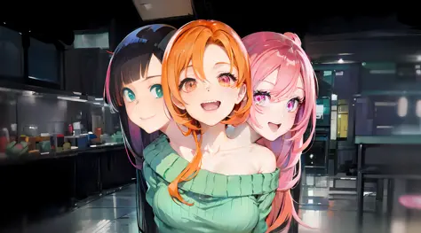 (3heads:1.5), white girl with three heads, diffrent hair colors, black hair,orange hair, pink hair, different eye colors, blue e...
