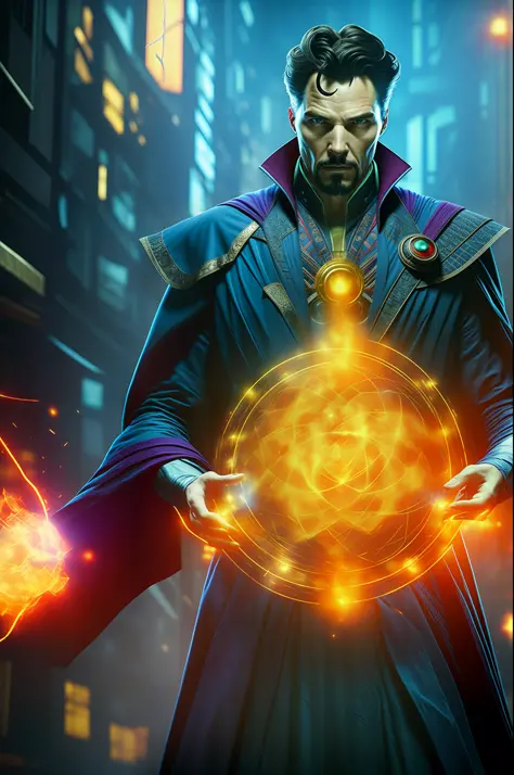 best quality, (masterpiece: 1.2), highly detailed, Doctor Strange, sci fi, cyberpunk ai