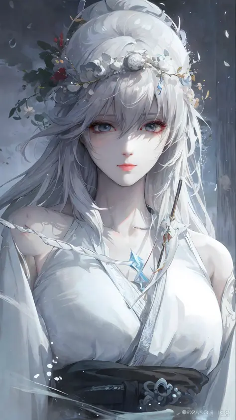 a close up of a woman with white hair and a white mask, beautiful character painting, guweiz, artwork in the style of guweiz, wh...