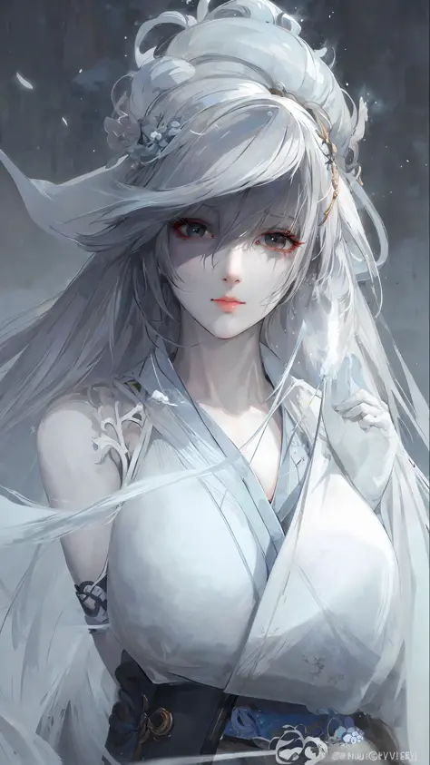 a close up of a woman with white hair and a white mask, beautiful character painting, guweiz, artwork in the style of guweiz, wh...