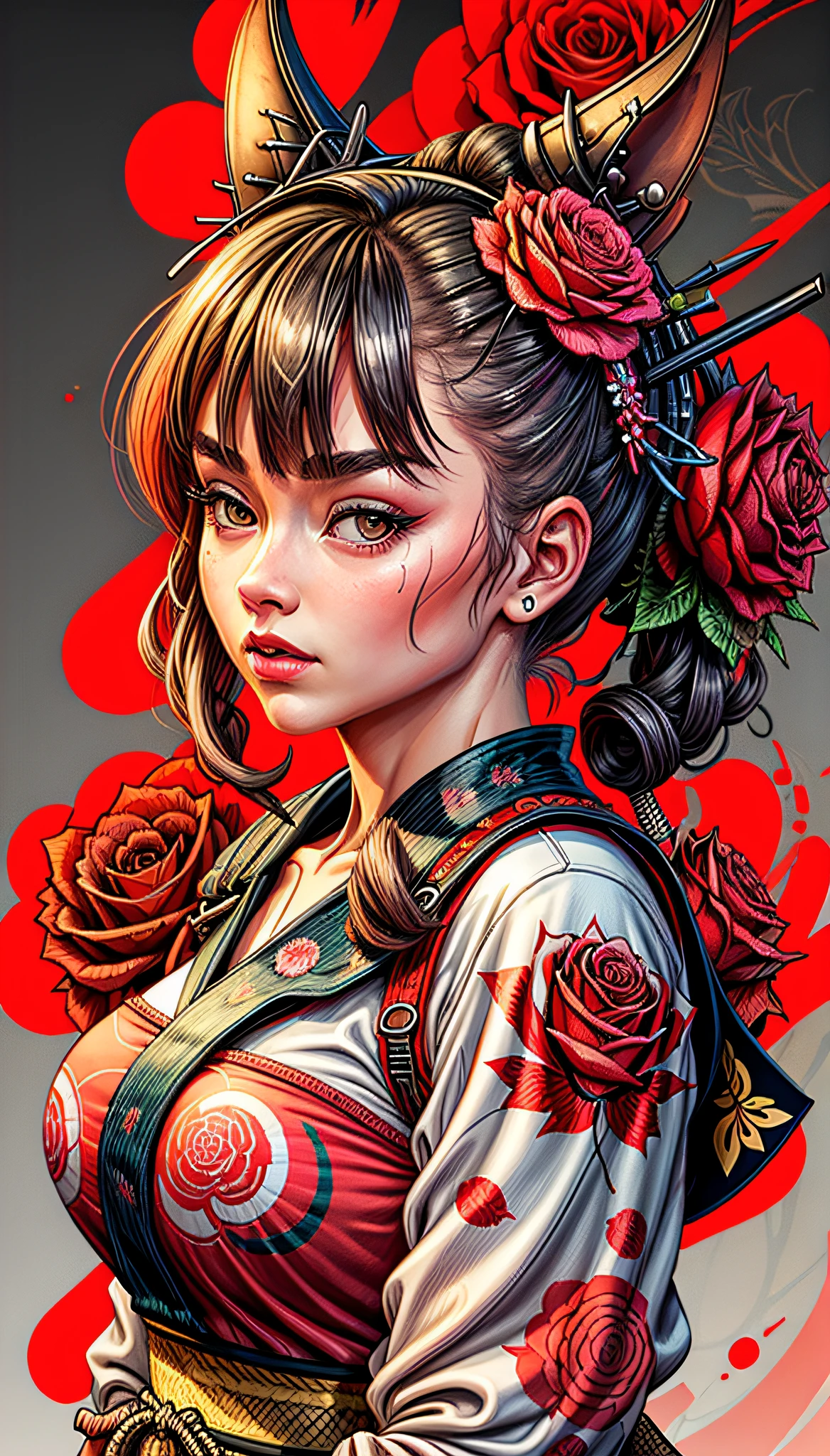 一個女孩釘起來, 玫瑰背景, 傑作, 高品質, 8K, 高解析度, 高細節, 日本人, 武士, 鮮豔的色彩可供印在 T 恤上, Adobe 插畫家