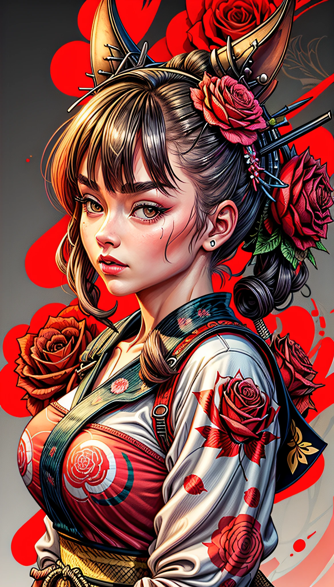 a girl pin up, roses background, masterpiece, high quality, 8k, high resolution, high detailed, Japanese, samurai, vibrant colors ready to print in tshirt, adobe illustrator