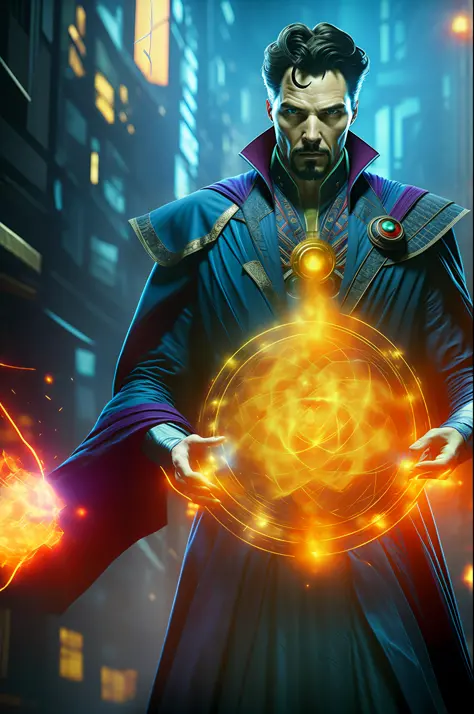 best quality, (masterpiece: 1.2), highly detailed, Doctor Strange, sci fi, cyberpunk ai