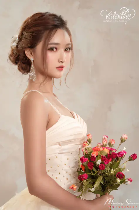 arafed woman in a white dress holding a bouquet of flowers, beautiful young asian woman, beautiful asian woman, with flowers, yo...