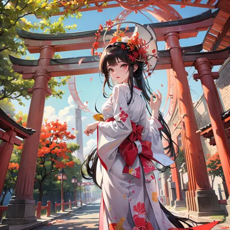A torii gate towers over the beautiful sky that spreads out at the end of the sky. In front of the torii gate, a bright red spider lily blooms, and its beauty catches the eye. Bright petals sway in the wind, creating a fantastic sight.

And in front of the...