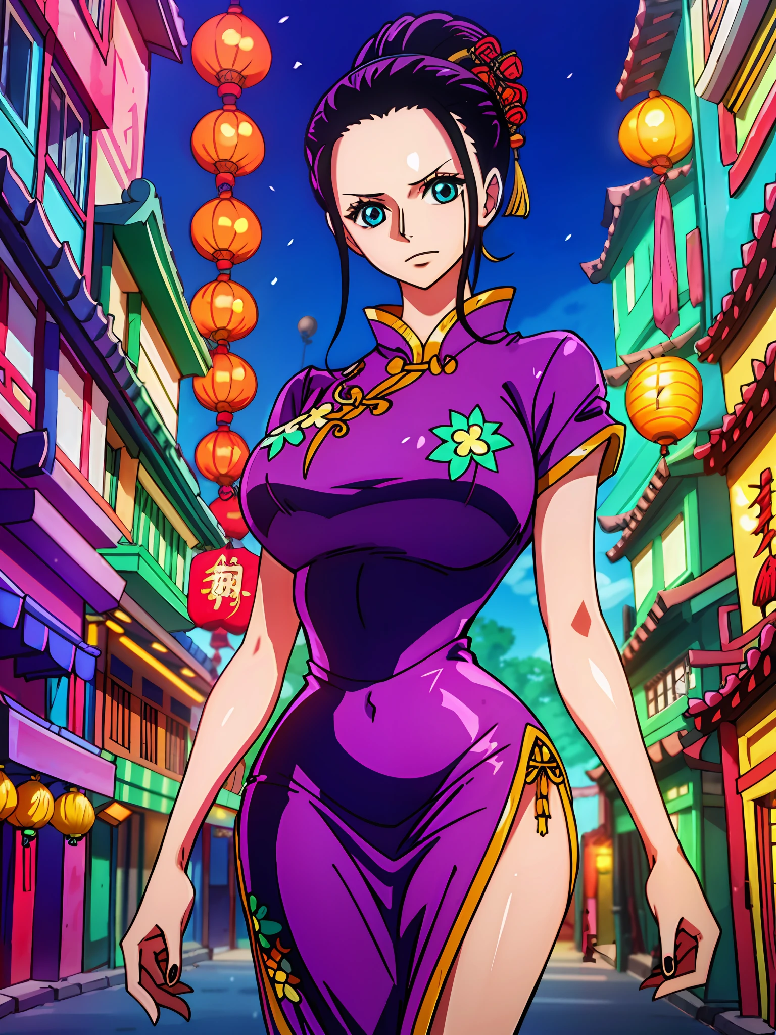 1 garota, (corpo peituda), (Sozinho), 30 anos de idade,  hdr, ((Vestido chinês)), rua, nico robin, noite,