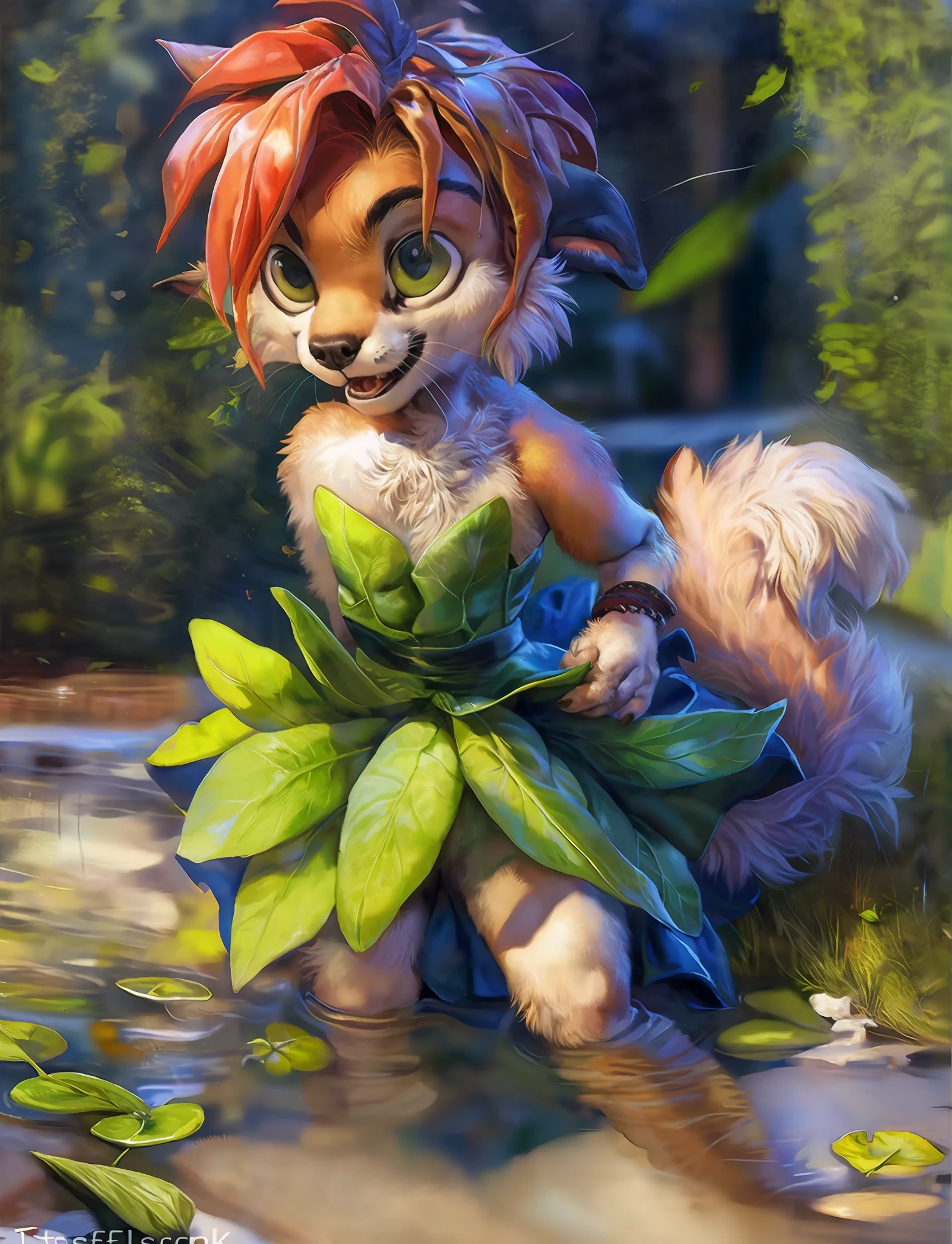 by kenket, by totesfleisch8, (by thebigslick, by silverfox5213:0.8), (by syuro:0.2), elora furry, detailed and extremely fluffy body fur, fluff, masterpiece, looking up beautiful surroundings, detailed background, happy, leaf-dress,