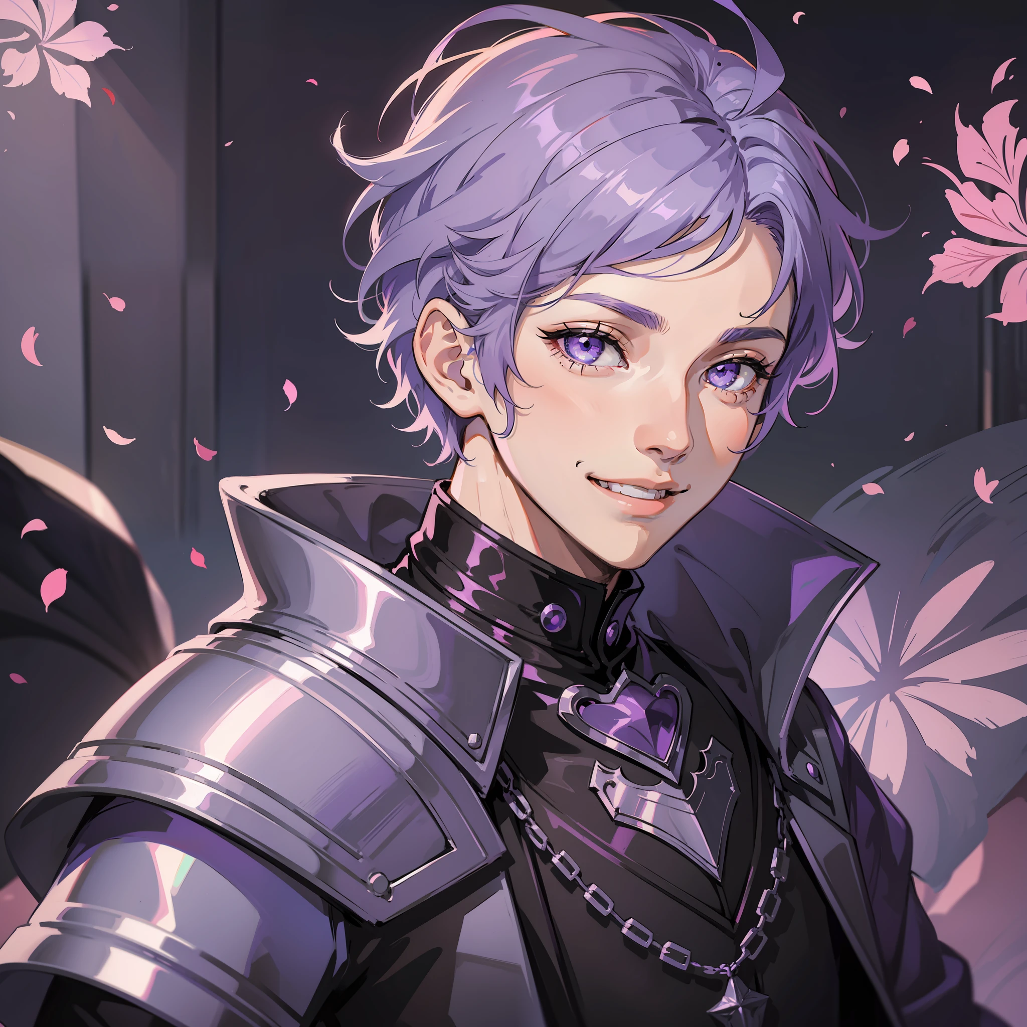 lavender haired boy in the persona 5 royal style with purple colored eyes and knight's clothing. has on armor and is smiling with a large grin.