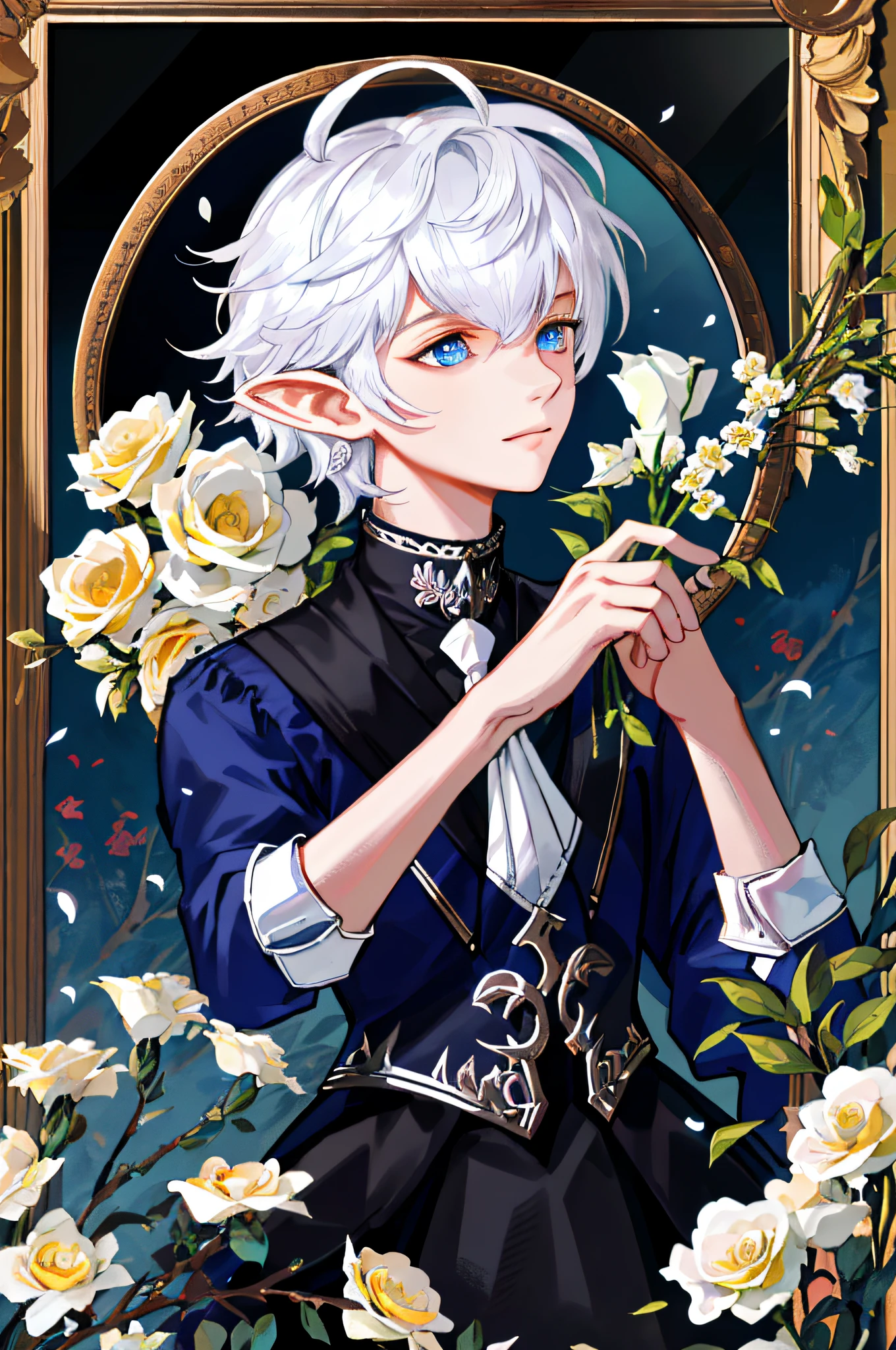 Alphineau, watch viewer, succubus, blue eyes, shirt, holding, upper body, white flowers, hair over one eye, black shirt, single blade, roses, border, portrait, holding flowers, mirror highlights, detailed face, detailed eyes, detailed fabric, detailed skin, portrait