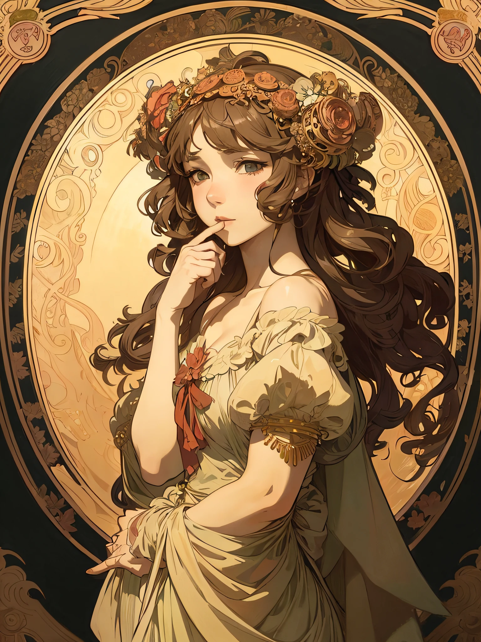 Girl Hiding Her Mouth, .by Alphonse Mucha, (anime Shading), toon rendering, full body.