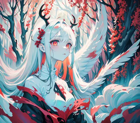 deer, pure white, crimson eyes, ghost-like, surrounded by eerie gray thick fog, masterpiece, best quality, ((in ethereal art sty...